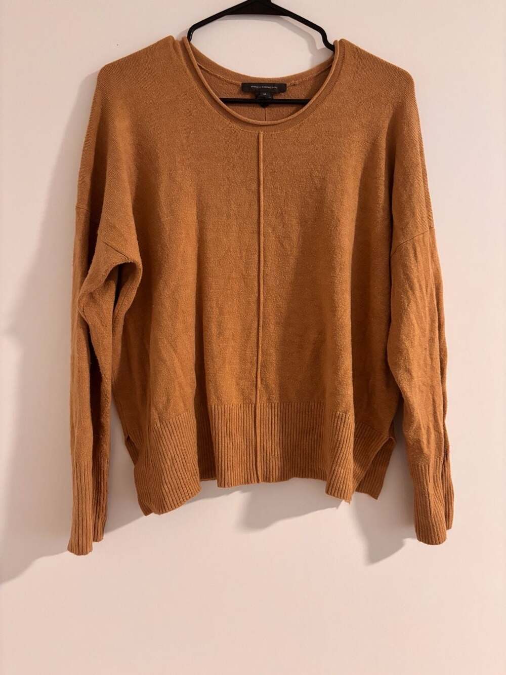 French Connection Women's Camel Crewneck Sweater with Center Seam and Side Slits